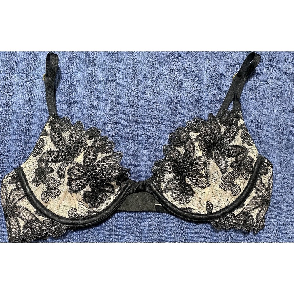 Victoria Secret Very Sexy Low Cut Demi Black Tan See Through Rhinestone Bra 32C